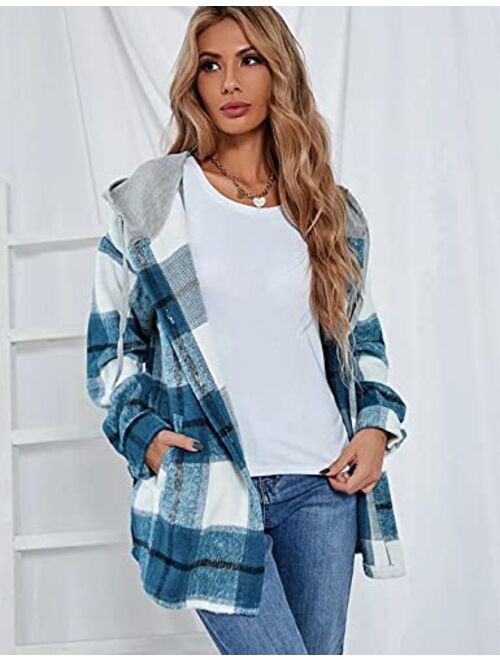 Yeokou Womens Flannel Plaid Shacket Oversized Wool Blend Button Down Long Sleeve Shirts Jackets Outwear Coat with Hood
