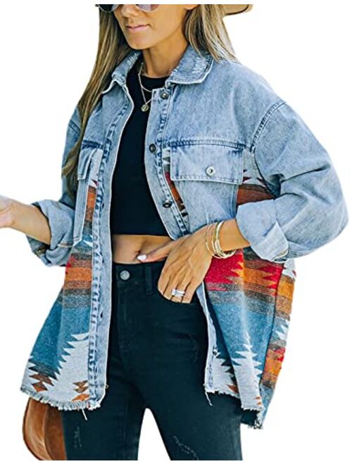 Yeokou Womens Vintage Aztec Printed Shacket Long Sleeve Brushed Flannel Jacket Outwear