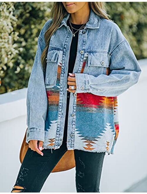 Yeokou Womens Vintage Aztec Printed Shacket Long Sleeve Brushed Flannel Jacket Outwear