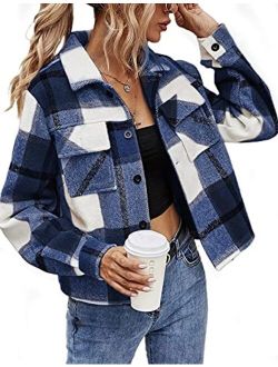 Yeokou Women's Fashion Cropped Flannel Wool Blend Plaid Shacket Long Sleeve Button Down Jackets Coat