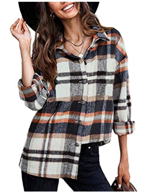 Yeokou Women's Fall Color Block Plaid Flannel Shacket Jacket Button Down Shirt Coat Tops
