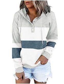 ETCYY Women's Color Block Hoodies Tops Long Sleeve Casual Drawstring Button Down Pullover Sweatshirt with Pocket