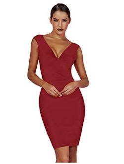 whoinshop Women Rayon V-Neck Cross Front Bodycon Club Night Out Bandage Dress