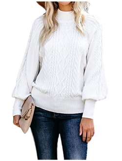 Yeokou Women's Vintage Mock Turtleneck Puff Sleeve Cable Knit Pullover Sweaters Tops