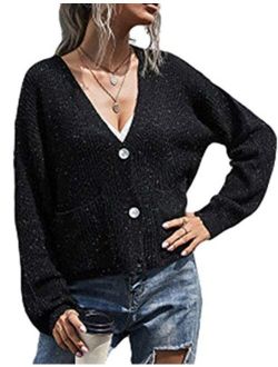 Yeokou Women's Casual V Neck Button Down Long Sleeve Sweater Cardigan with Pockets