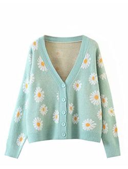 Yeokou Womens Flower V Neck Cable Knit Cardigan Long Sleeve Open Front Crop Tops Outwear