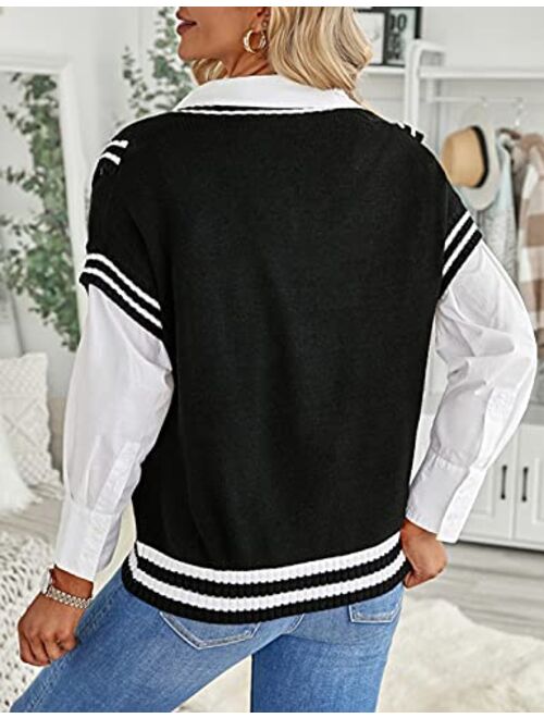 Yeokou Womens V Neck Sweater Vests Y2k Uniform Sleeveless Cable Knit Tops
