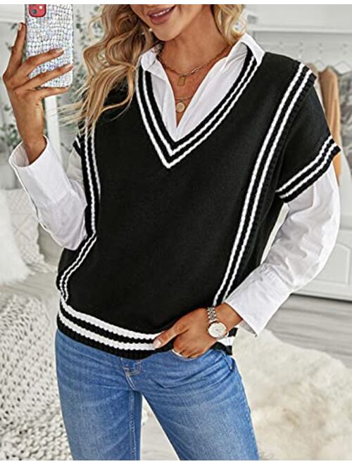 Yeokou Womens V Neck Sweater Vests Y2k Uniform Sleeveless Cable Knit Tops