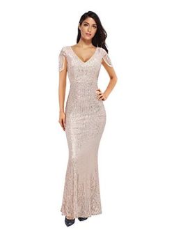 Meilun Women's V Neck Sequins Mermaid Gown Long Prom Evening Party Dress