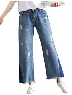 Yeokou Women's Casual Wide Leg Frayed Hem Flared Denim Cropped Jeans Pants