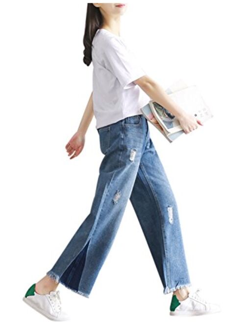 Yeokou Women's Casual Wide Leg Frayed Hem Flared Denim Cropped Jeans Pants