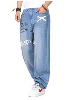 Yeokou Men's Casual Hip Pop Cotton Denim Pants Loose Baggy Jeans