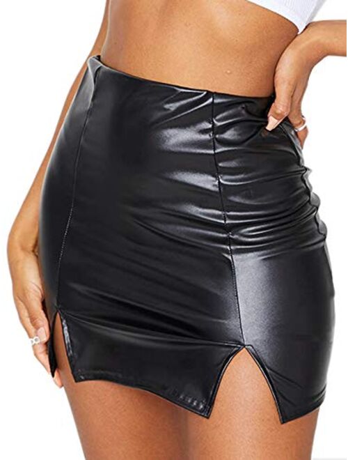 Just Quella Women's Classic High Waist Sexy Slim Mini Pencil Leather Skirts (No Belt)