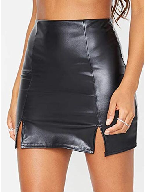 Just Quella Women's Classic High Waist Sexy Slim Mini Pencil Leather Skirts (No Belt)