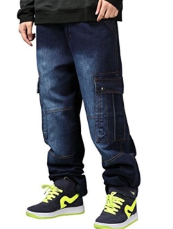 Yeokou Men's Casual Loose Hip Hop Black Denim Work Pants Cargo Jeans Pockets