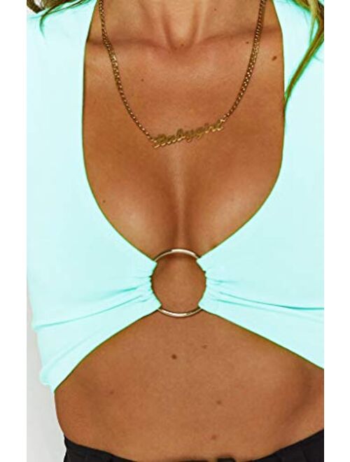 Just Quella Crop Tops for Women Plunging Neckline Crop Top with Golden Ring Centrepiece