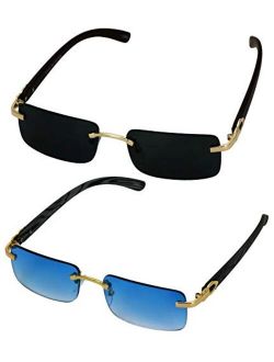 Flawless Eyewear Elite Slim Rimless Rectangular Metal & Wood Art Aviator Sunglasses