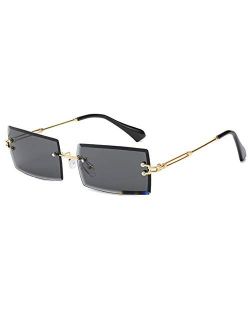 LASPOR Retro Rimless Rectangle Sunglasses for Women Men Tinted Lens Gold Metal Frameless Vintage Square Glasses