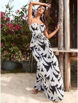 Tropical Print Contrast Mesh Belted Dress