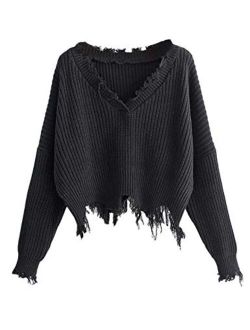 Yeokou Women's Vintage V Collar Long Sleeve Frayed Hemline Crop Sweaters Tops
