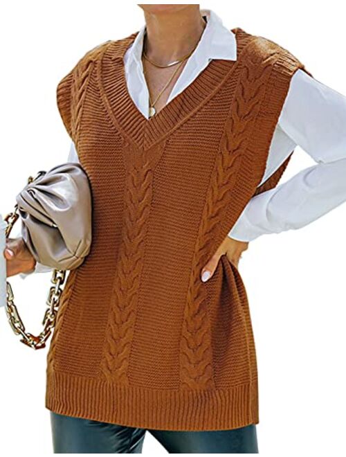 Yeokou Womens Sweater Vest Y2k Casual Sleeveless V Neck Cable Knit Vest Tops
