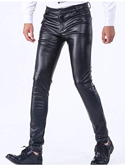 Yeokou Mens Business Casual High Waist Straight Leg PU Faux Leather Biker Pants
