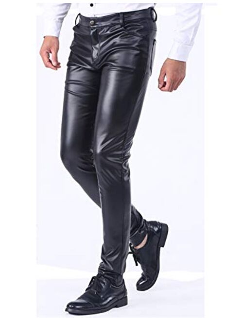 Yeokou Mens Business Casual High Waist Straight Leg PU Faux Leather Biker Pants