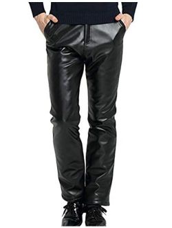 Yeokou Men's Winter Thick Straight Fit Sherpa Lined PU Faux Leather Biker Pants