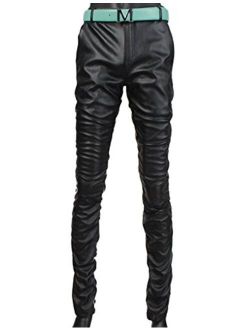 Yeokou Mens Clubwear Cosplay Thin Straight Fit Stretch Moto PU Faux Leather Pants
