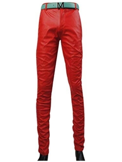 Yeokou Mens Clubwear Cosplay Thin Straight Fit Stretch Moto PU Faux Leather Pants