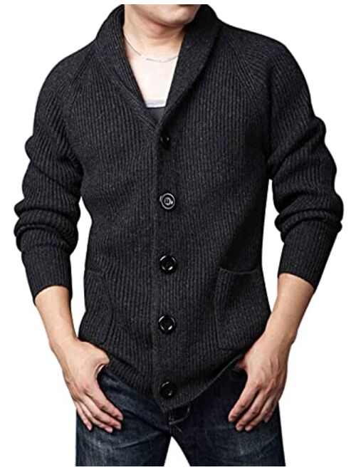 Yeokou Men's Casual Slim Thick Knitted Shawl Collar Cardigan Sweaters Pockets