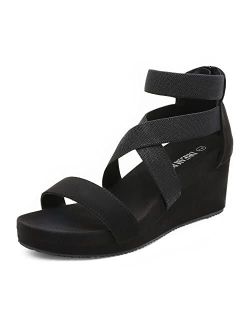 Women's Elastica Ankle Strap Open Toe Platform Wedge Sandals