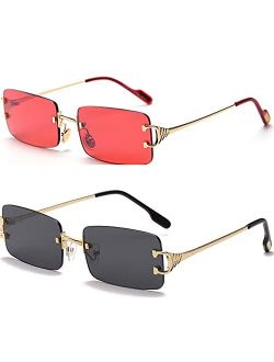 SDinm Rimless Sunglasses 90s Frameless Rectangle Tinted Lens Eyewear Candy Color Glasses for Women Men