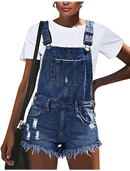 Yeokou Women's Casual Adjustable Strap Frayed Hem Curling Denim Bib Overall Shorts
