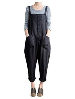 Yeokou Women's Wide Leg Baggy Cotton Button Jumpsuit Rompers Overalls Harem Pants