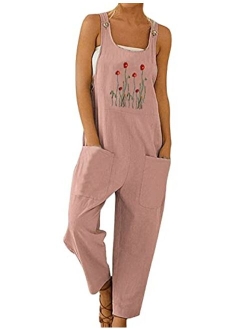 Yeokou Women's Fashion Cotton Linen Sunflower Cute Bib Overalls Jumpsuit