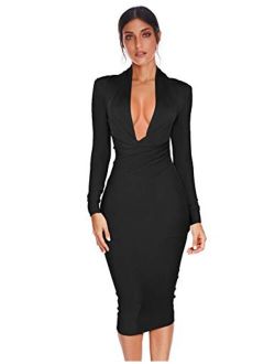 meilun Womens Deep V Front Bandage Bodycon Dress Long Sleeve Party Dress