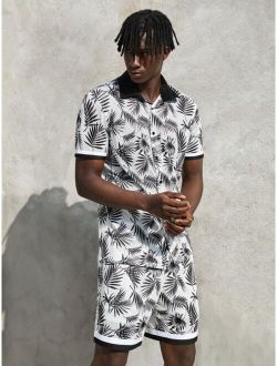 Men Tropical Print Sports Mesh Shirt and Shorts Set