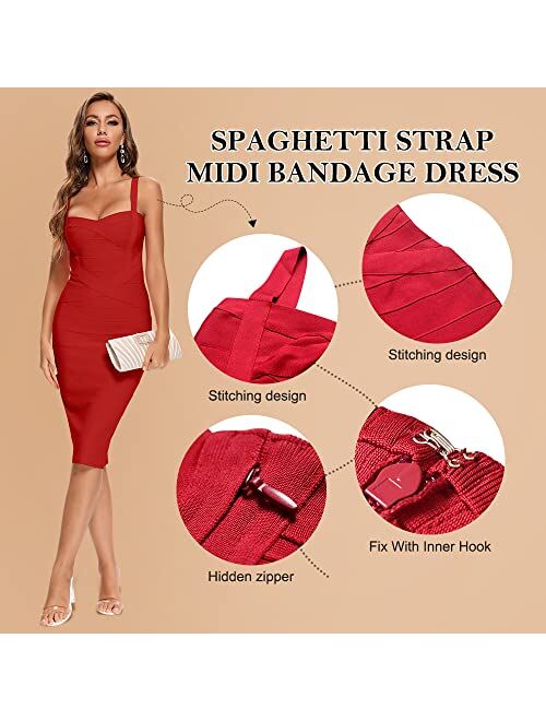 HLBandage Midi-Calf Solid Color Spaghetti Strap Rayon Bandage Dress