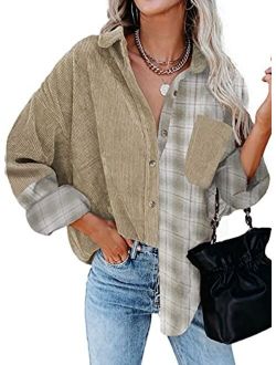 Sidefeel Womens Corduroy Plaid Long Sleeve Shirts Button Down Oversized Blouses Top