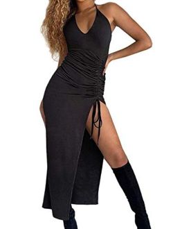 Just Quella Women Sexy Clubwear Party Dresses Backless Slinky Asymmetric Drape Maxi Dress
