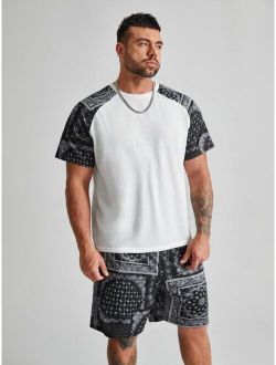 Extended Sizes Men Paisley And Scarf Print Raglan Sleeve Tee With Shorts