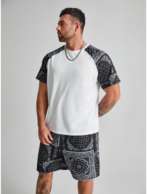 Shein Extended Sizes Men Paisley And Scarf Print Raglan Sleeve Tee With Shorts