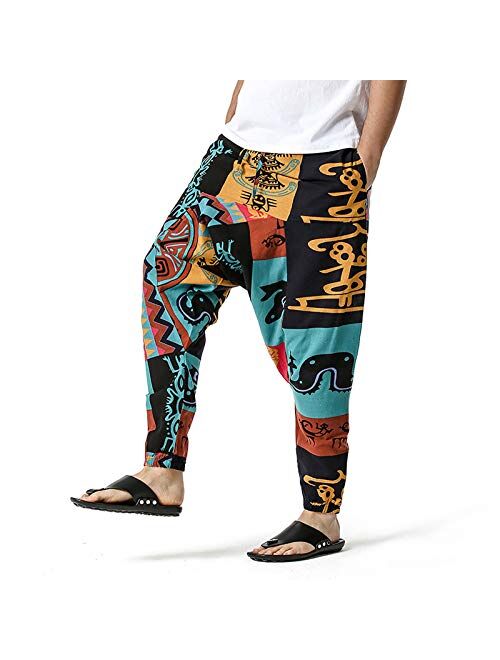 QNIHDRIZ Hippie Harem Pants for Men Cotton Linen Baggy Pants Wide Leg Pajama Pants Ethnic Style Casual Pants
