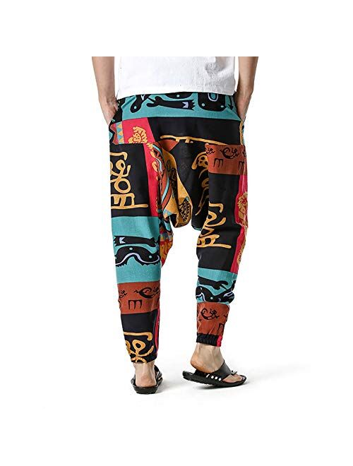 QNIHDRIZ Hippie Harem Pants for Men Cotton Linen Baggy Pants Wide Leg Pajama Pants Ethnic Style Casual Pants