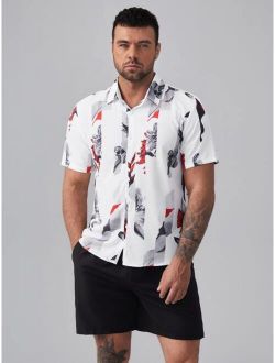 Extended Sizes Men Striped & Floral Print Shirt & Drawstring Waist Shorts