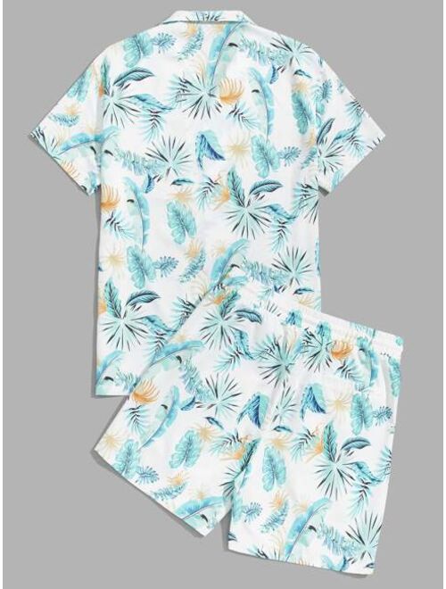 SHEIN Men Tropical Print Shirt & Drawstring Waist Shorts Set