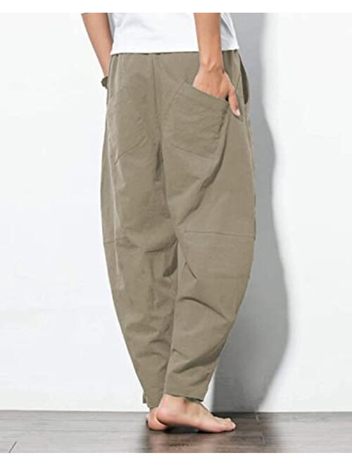 We1Fit Men Casual Linen Yoga Pant Cotton Drawstring Loose Fit Baggy Harem Pant