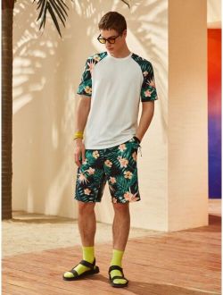 Men Tropical Print Raglan Sleeve Tee & Shorts