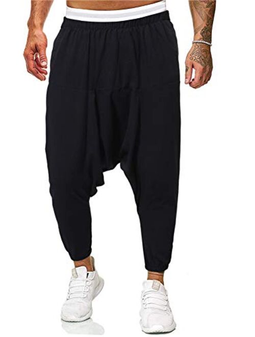 Hotmiss Men Cotton Linen Hip Hop Baggy Harem Low Crotch Pants Joggers Sweatpants